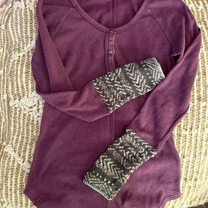 Free People Long Sleeve Henley Top in Plum with Contrast Cuffs